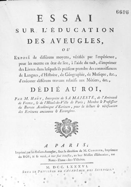 Nimisivu Valentin Hauyn (1745-1822) esseelle sokeiden kasvatuksesta, julkaistu vuonna 1786 (kaiverrus) (valkoinen kuva) tekijältä French School