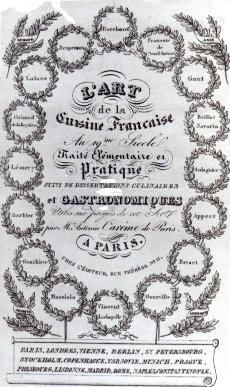 Nimisivu teokselle LArt de la Cuisine Francaise vol. Antonin Caremen III, julkaistu 1834 (painettu paperi) tekijältä French School
