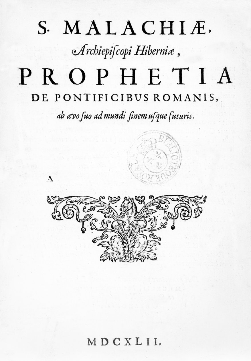 Nimisivu for Prophecy of the Popes, julkaistu 1662 (koopaino ja kaiverrus) tekijältä French School