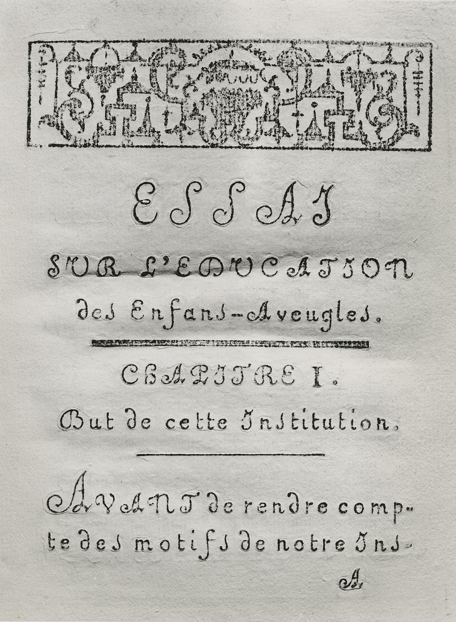 Nimisivu Valentin Hauyn (1745-1822) vuonna 1786 julkaistuun kirjaan Essai sur leducation des aveugles tekijältä French School