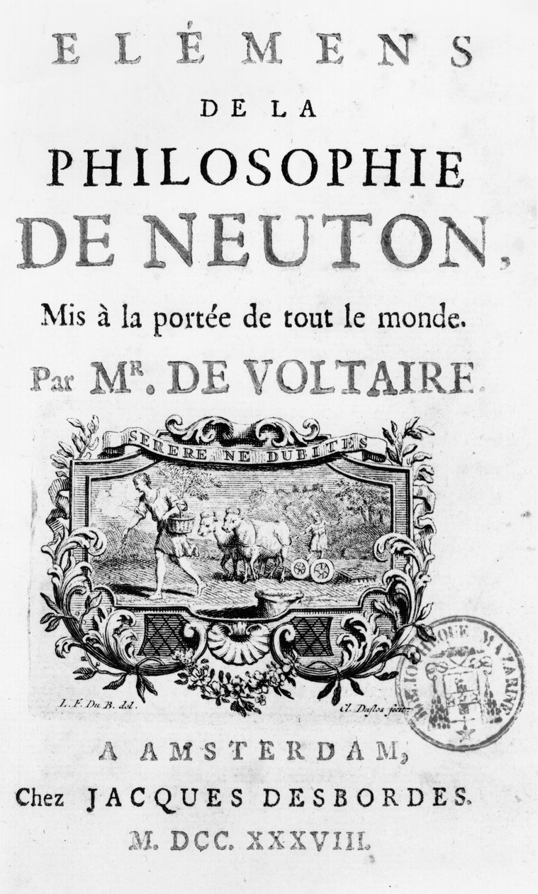 Francois Marie Arouet Voltairen (1694-1778) Amsterdamin elementit Newtonin filosofian otsikkosivu, julkaistu 1738 tekijältä French School