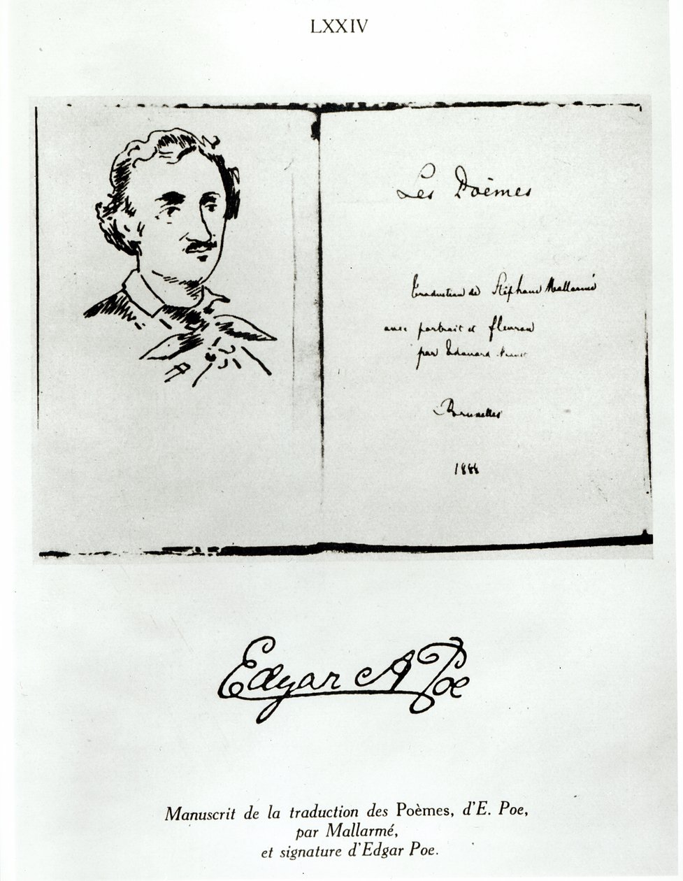 Stephane Mallarmen (1842-98) kääntämän Edgar Allan Poen (1809-49) Les Poemes -kirjan nimisivu, jossa kirjailijan muotokuva, 1888 tekijältä French School