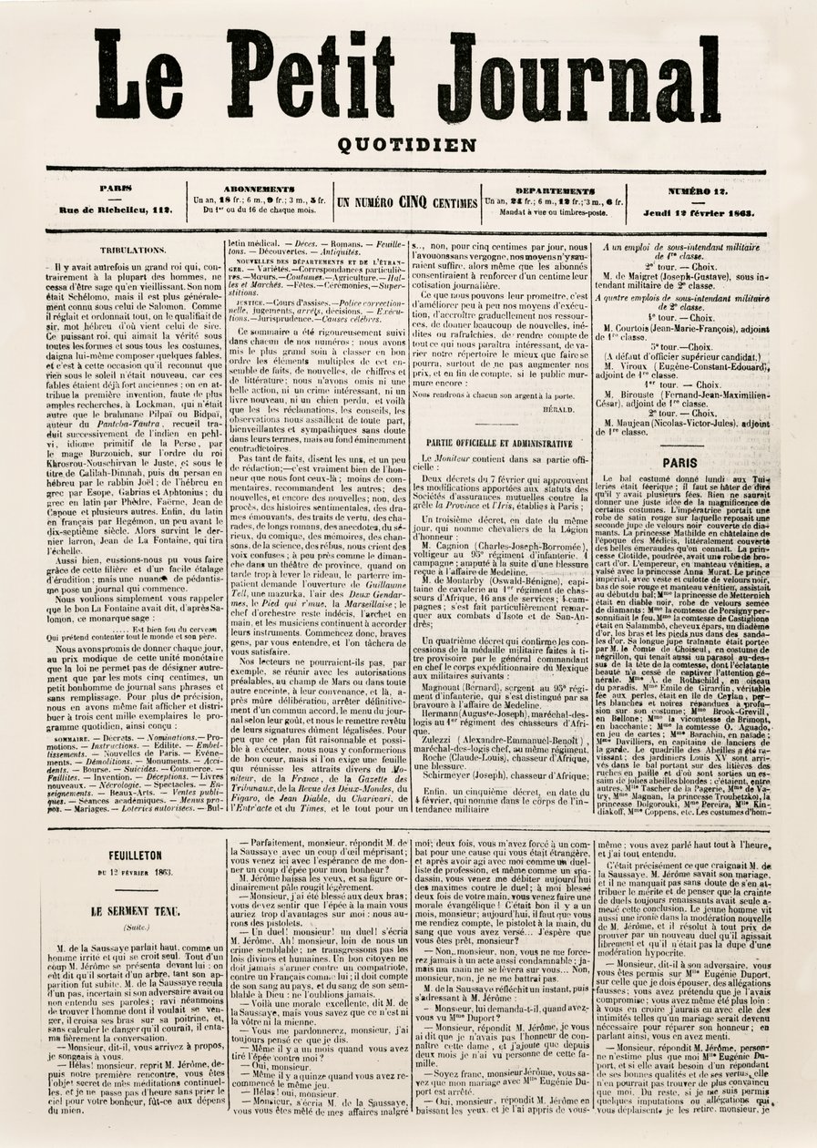 Päivälehden Le Petit Journal otsikkosivu, 12. helmikuuta 1863 (painettu) tekijältä French School