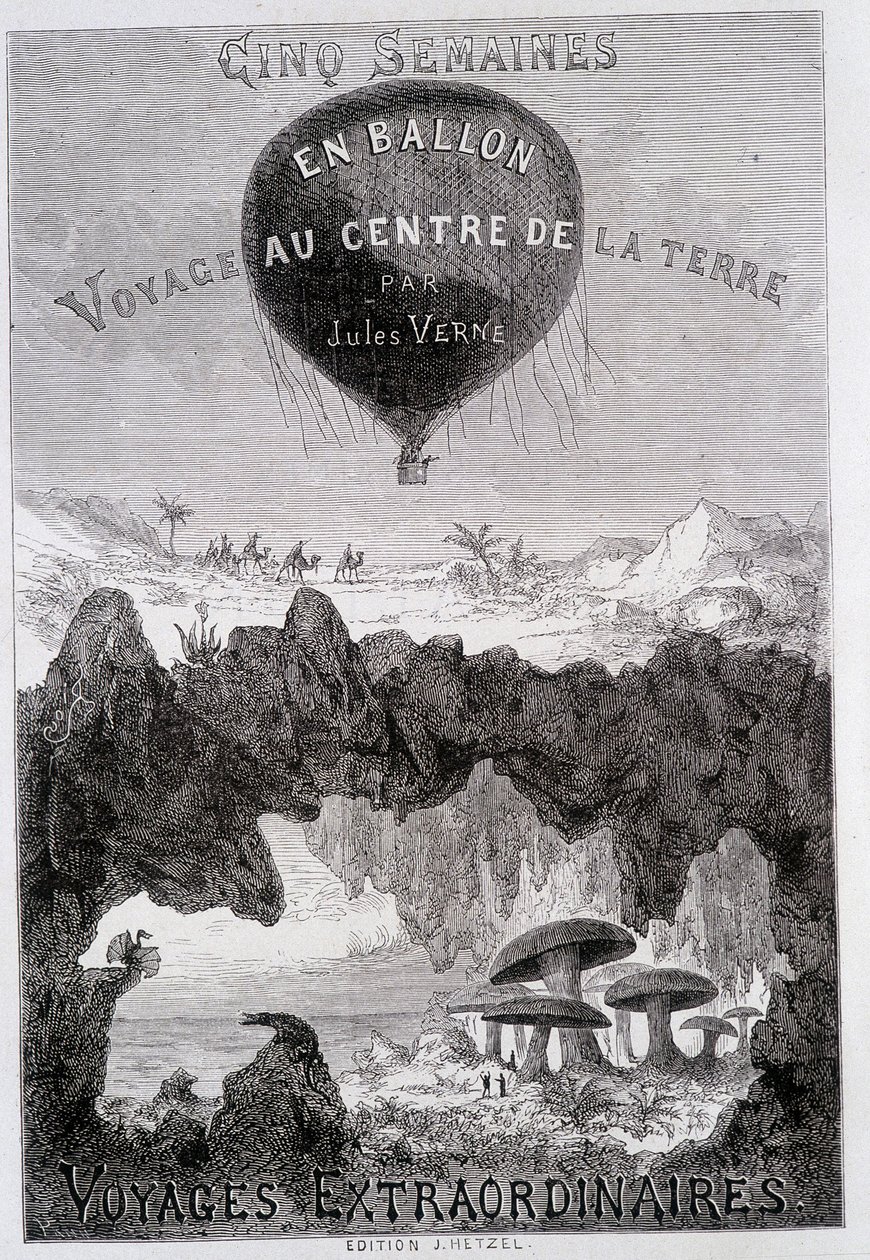 Nimisivu: Jules Verne, sd. "" Five Weeks in Balloon" ja "Journey to the Centre of the Earth" Painokset Hetzel yleisnimellä "" Les Voyages Extraordinary"" tekijältä French School