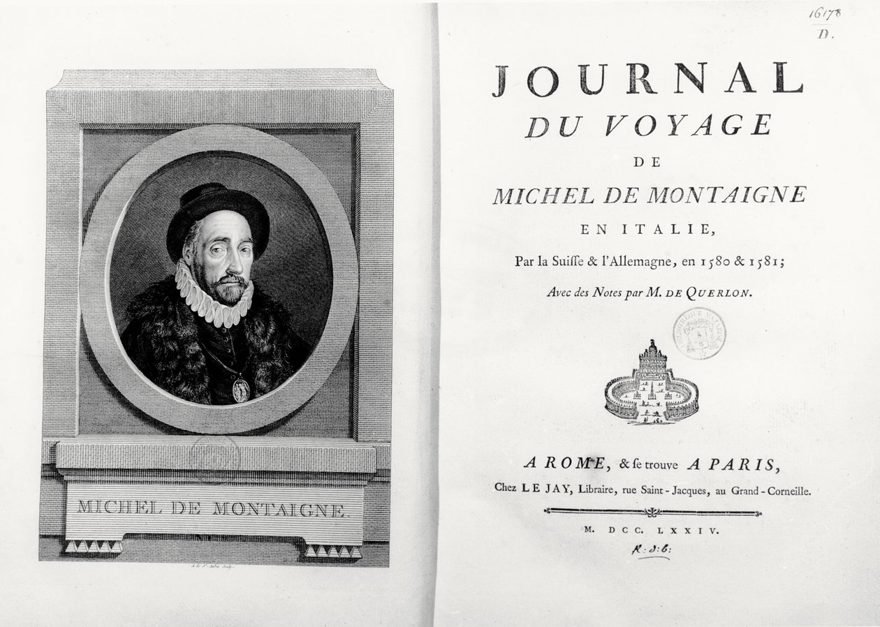 Nimilehti ja etusivu, jossa A. de Saint Aubinin muotokuva kirjailijasta, "Journal de Voyage en Italie 1580 et 1581 de Michel de Montaigne" tekijältä French School