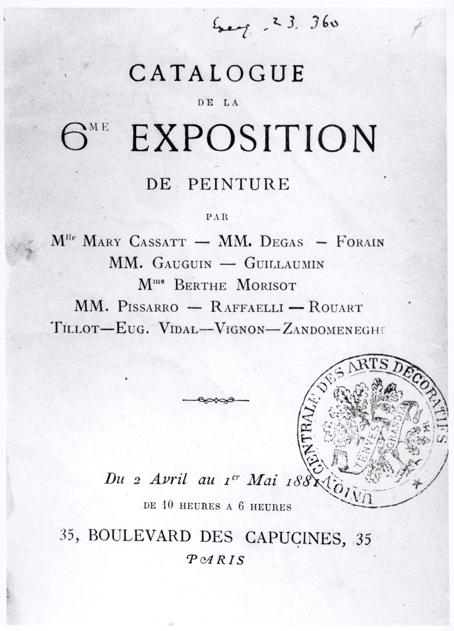 Kuudennen impressionistisen näyttelyn luettelon nimisivu 1881 tekijältä French School