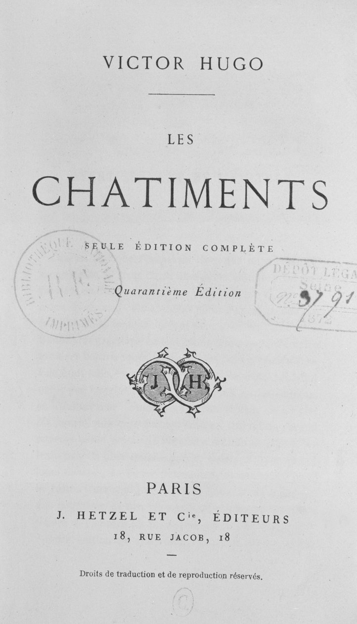 Victor Hugon (1802-85) Les Chatiments (1853) otsikkosivu, J. Hetzelin 40. painos, 1872 tekijältä French School