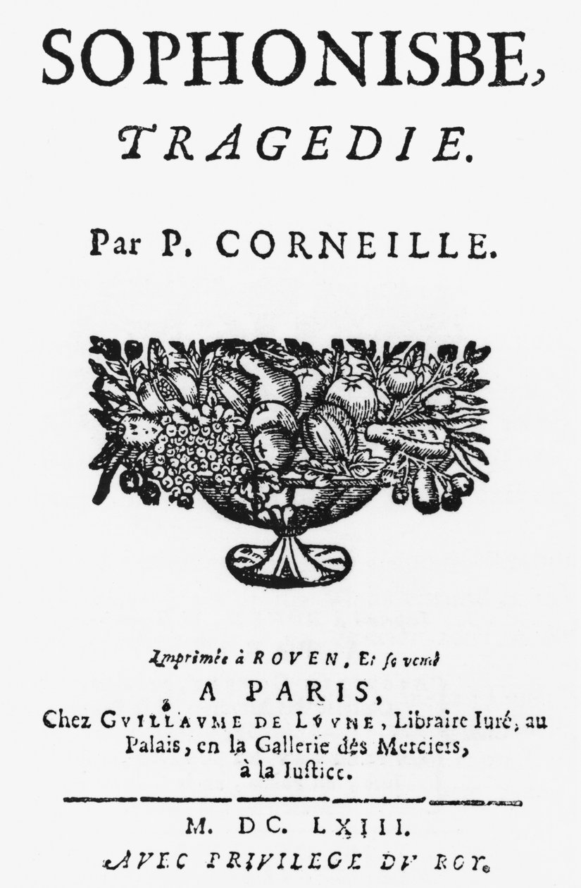 Pierre Corneillen (1606-84) Sophonisben otsikkosivu, julkaistu vuonna 1663 tekijältä French School