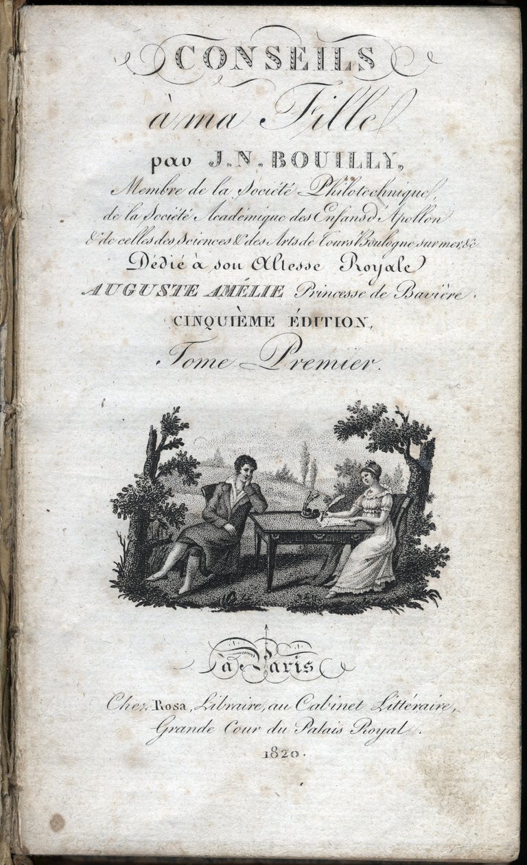 Jean Nicolas Bouillyn (1763-1842) kirjan "" Vihjeitä tyttärelleni " otsikkosivu. 1820. Yksityinen kokoelma. tekijältä French School