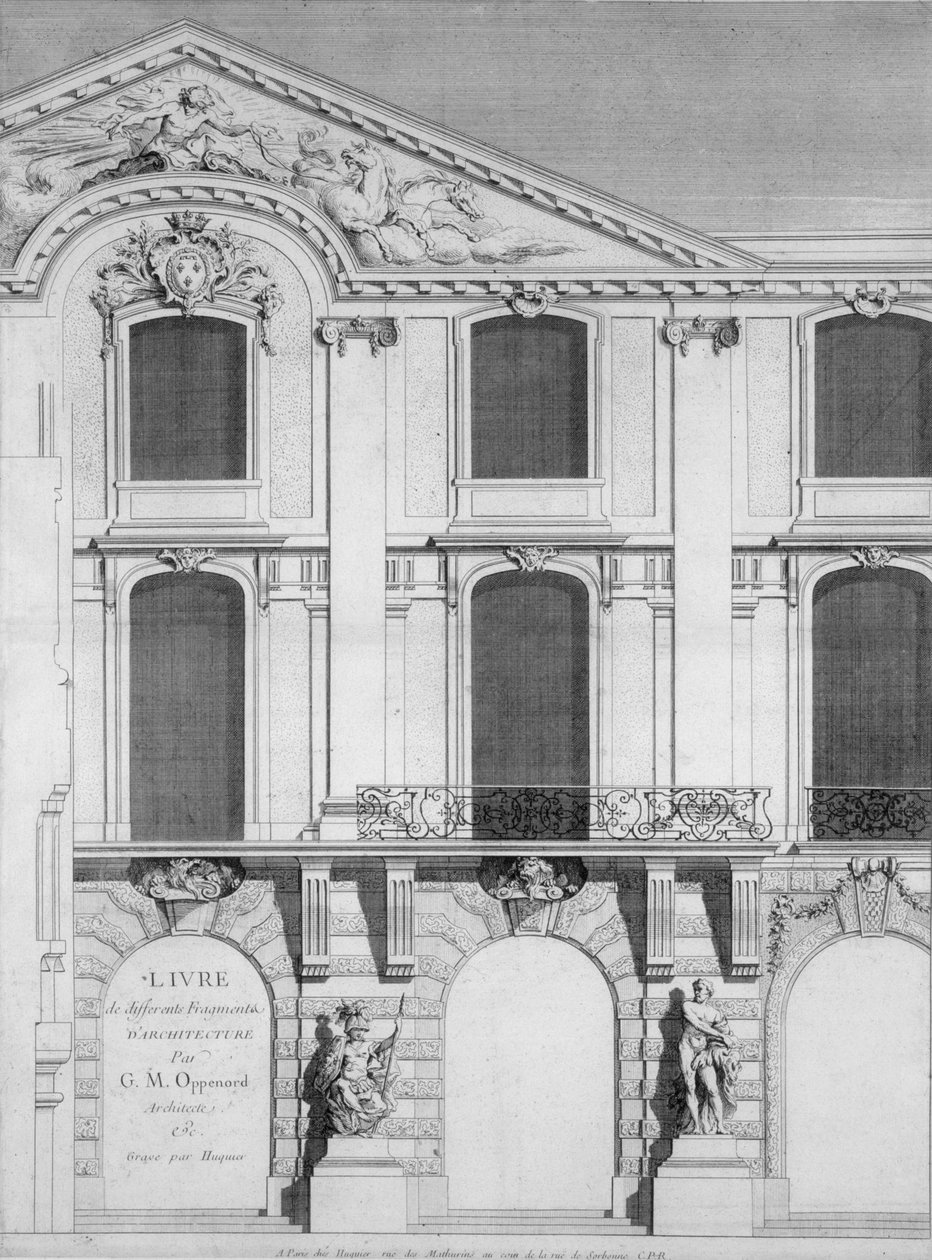Oppenords-kuvioiden kaiverretuista levyistä koostuvan kirjan nimisivu, julkaistu 1745 tekijältä French School