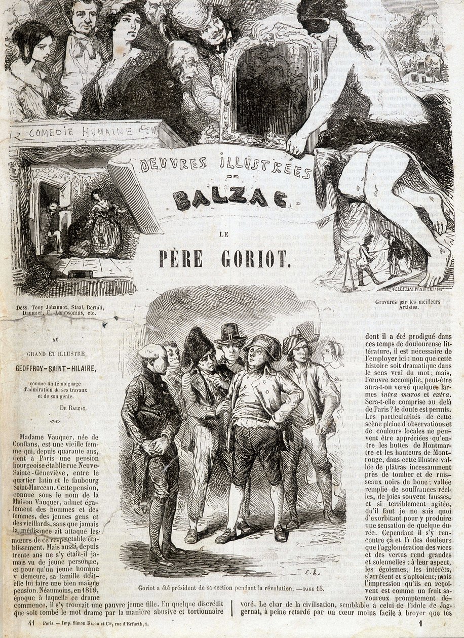 Balzacin romaanin "" Isä Goriot"" alkuperäisen painoksen nimisivu "" Balzacin kuvitetuissa teoksissa"": "" Goriot oli jaoston puheenjohtaja vallankumouksen aikana"" . ¿ tekijältä French School