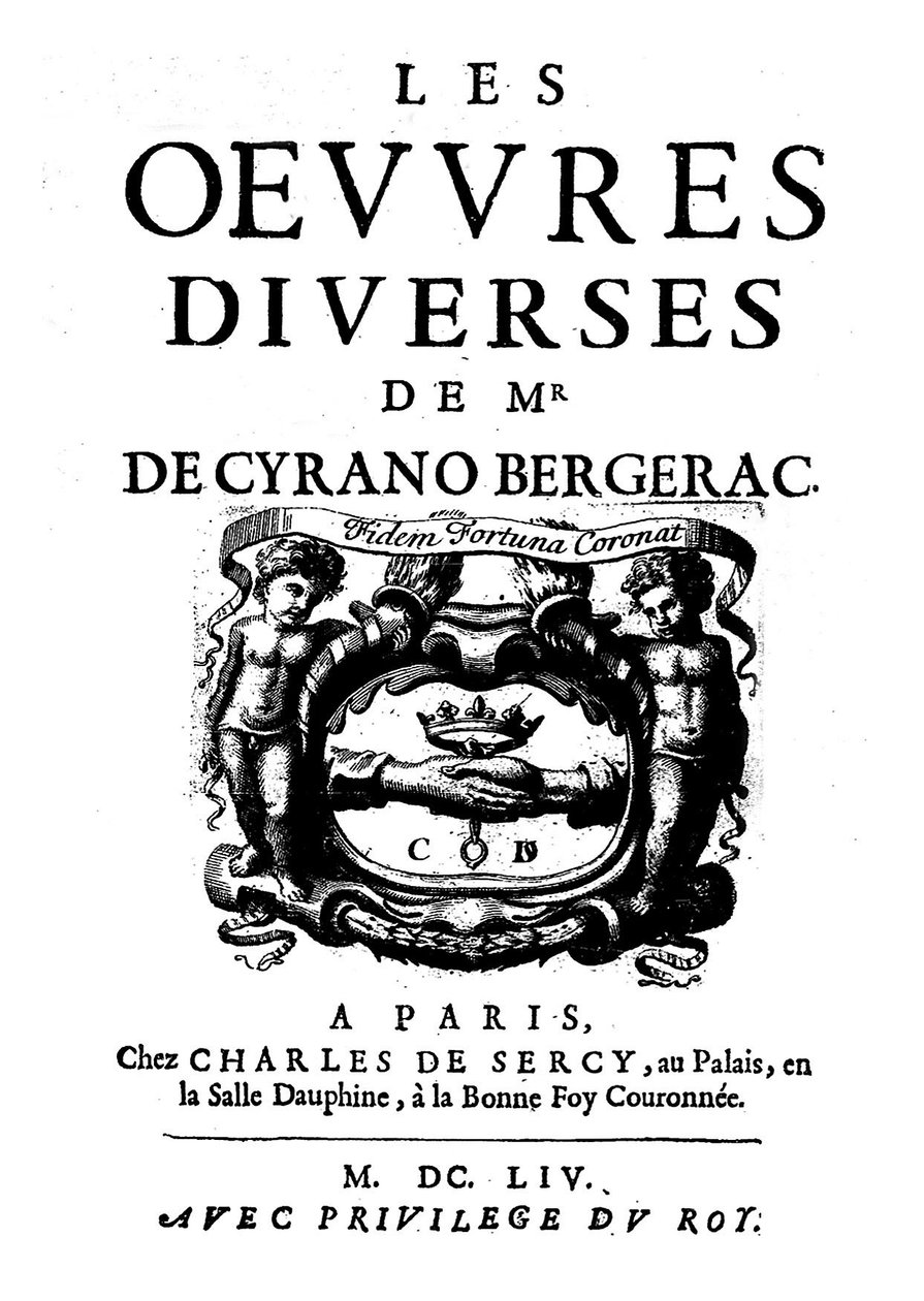 Nimisivut "" Monsieur de Cyrano Bergeracin eri teokset"" 1654. (1619 -1655) ranskalainen kirjailija. tekijältä French School