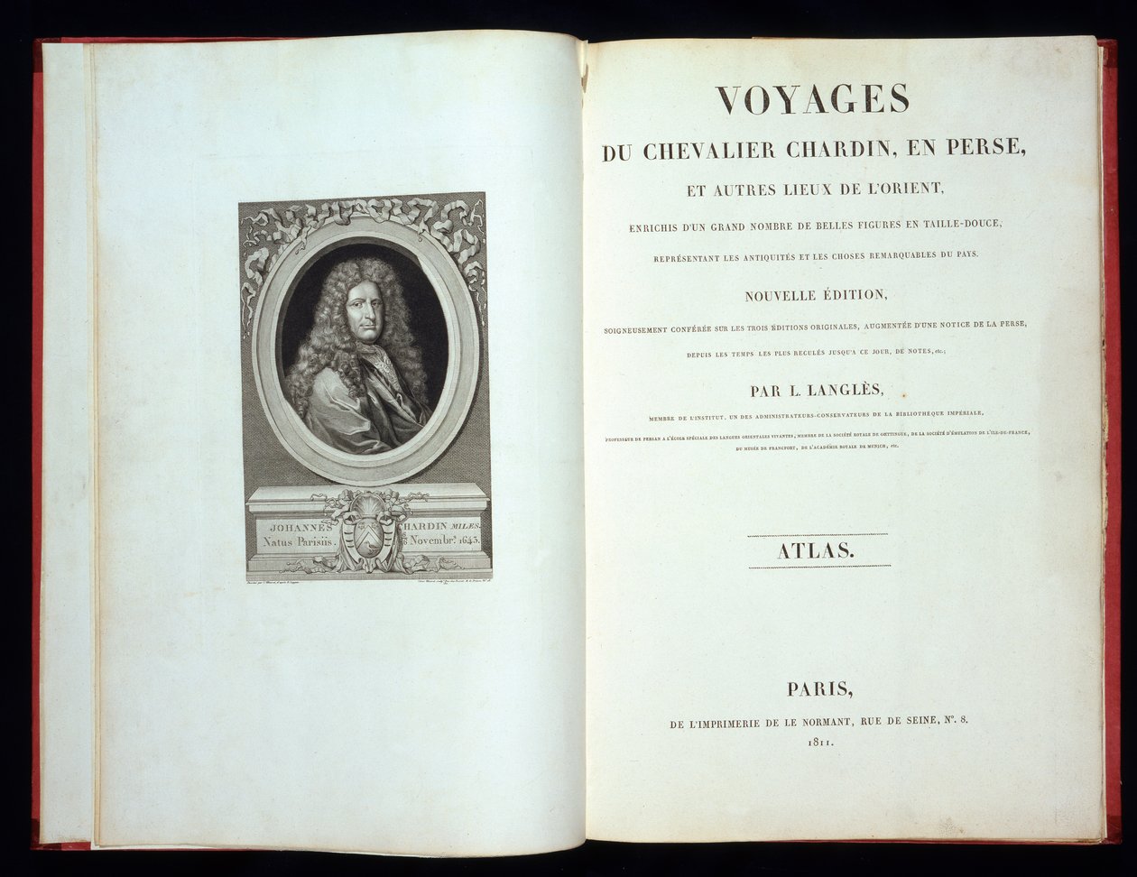 Nimisivu ja etukappale muotokuva Voyages du Chevalier Chardin en Persestä, 1811 tekijältä French School