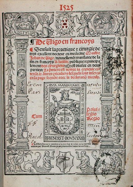 Nimisivu Jean de Vigon (1460-1525) leikkauskirjasta 1525 (puupiirros) tekijältä French School