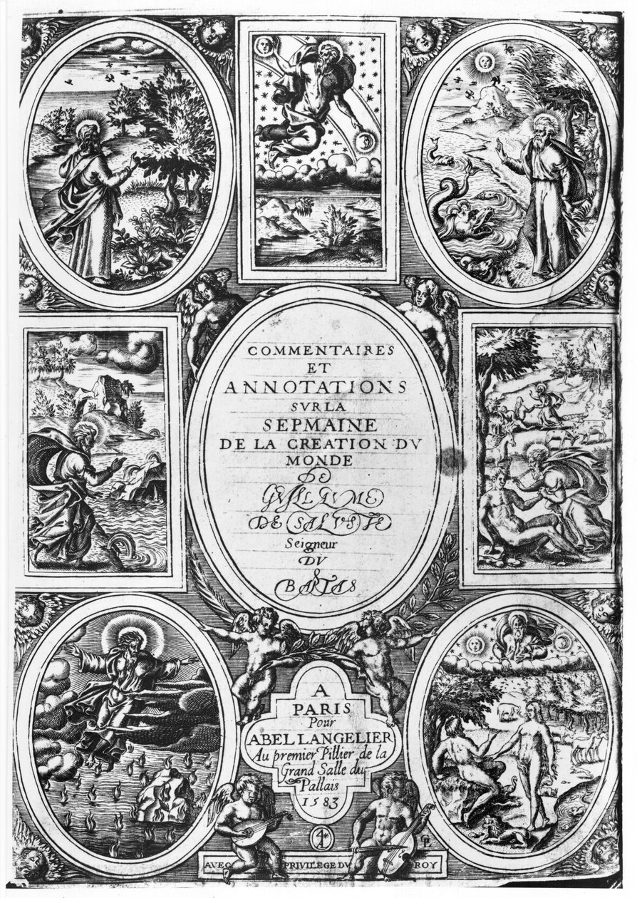 Guillaume Sallust du Bartasin (1544-90) Maailmanluomisviikon kommenttien ja merkintöjen otsikkosivu 1583 tekijältä French School