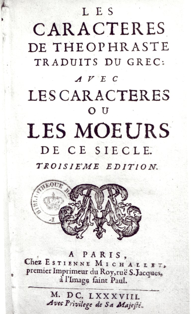La Bruyeren (1645-96) kreikan kielestä kääntämän Theophrasten hahmojen otsikkosivu, jossa on tämän vuosisadan hahmoja tai tapoja tekijältä French School