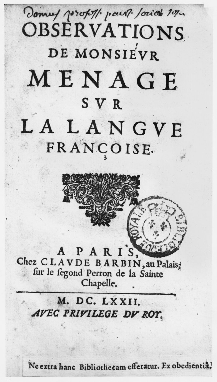 Gilles Menagen (1613-92) Observations sur la langue francaise -julkaisun otsikkosivu 1672, Claude Barbin