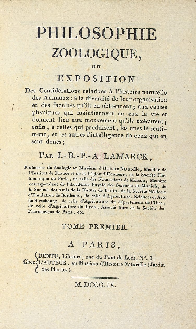 Jean-Baptiste Lamarckin "Eläintieteellisen filosofian" otsikkosivu, julkaistu Pariisissa, 1809 tekijältä French School