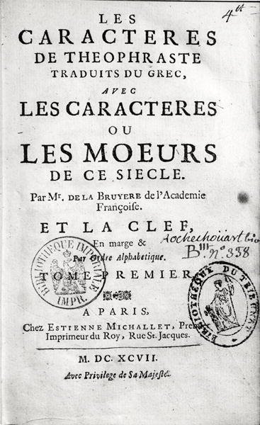 Theophrastuss Les Characteres ou les Moeursin otsikkosivu kääntänyt Jean de la Bruyere (1645-96) 1697 tekijältä French School