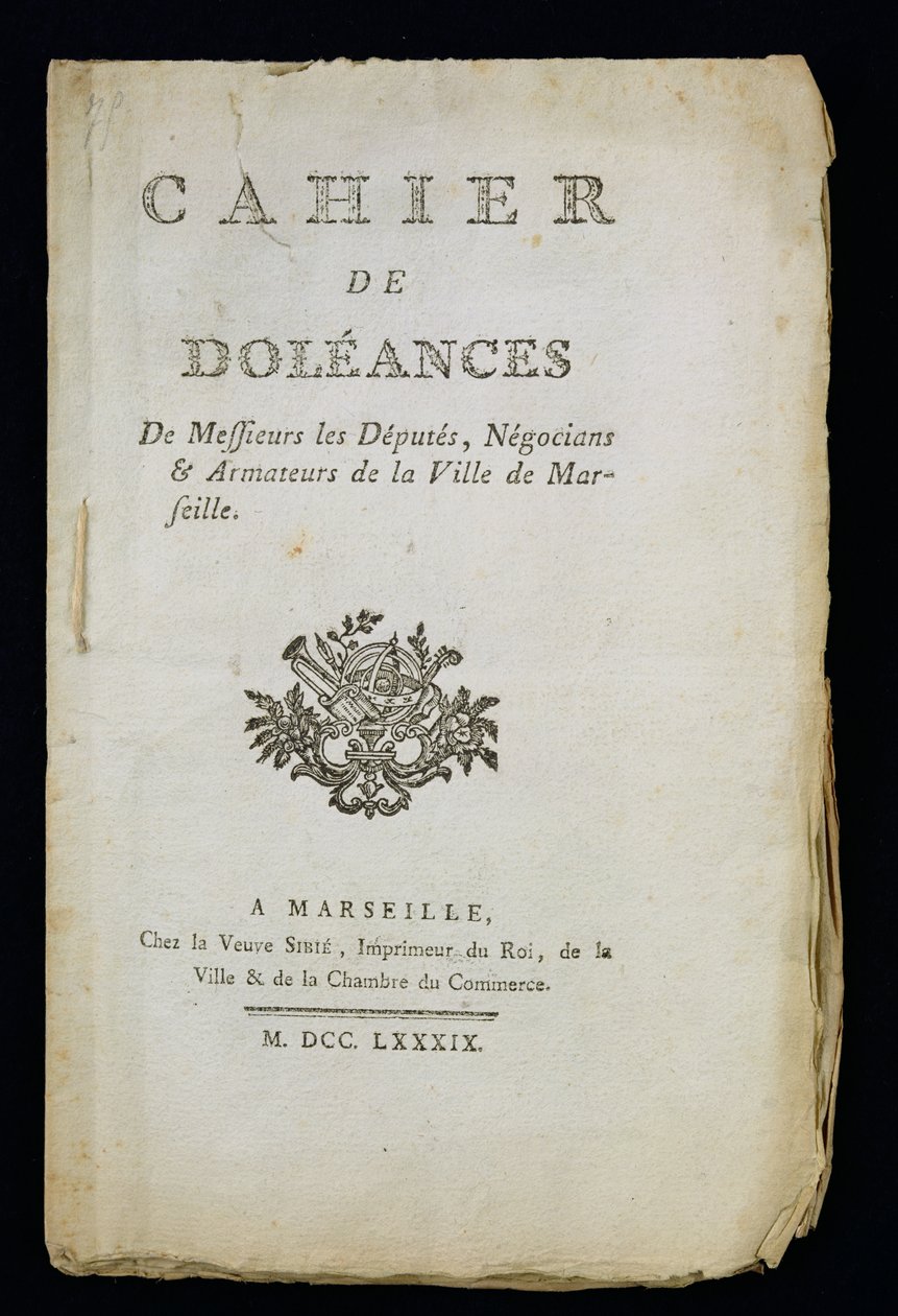 Marseillen kansanedustajien, kauppiaiden ja laivanvarustajien valituskirjan nimisivu, 1789 tekijältä French School