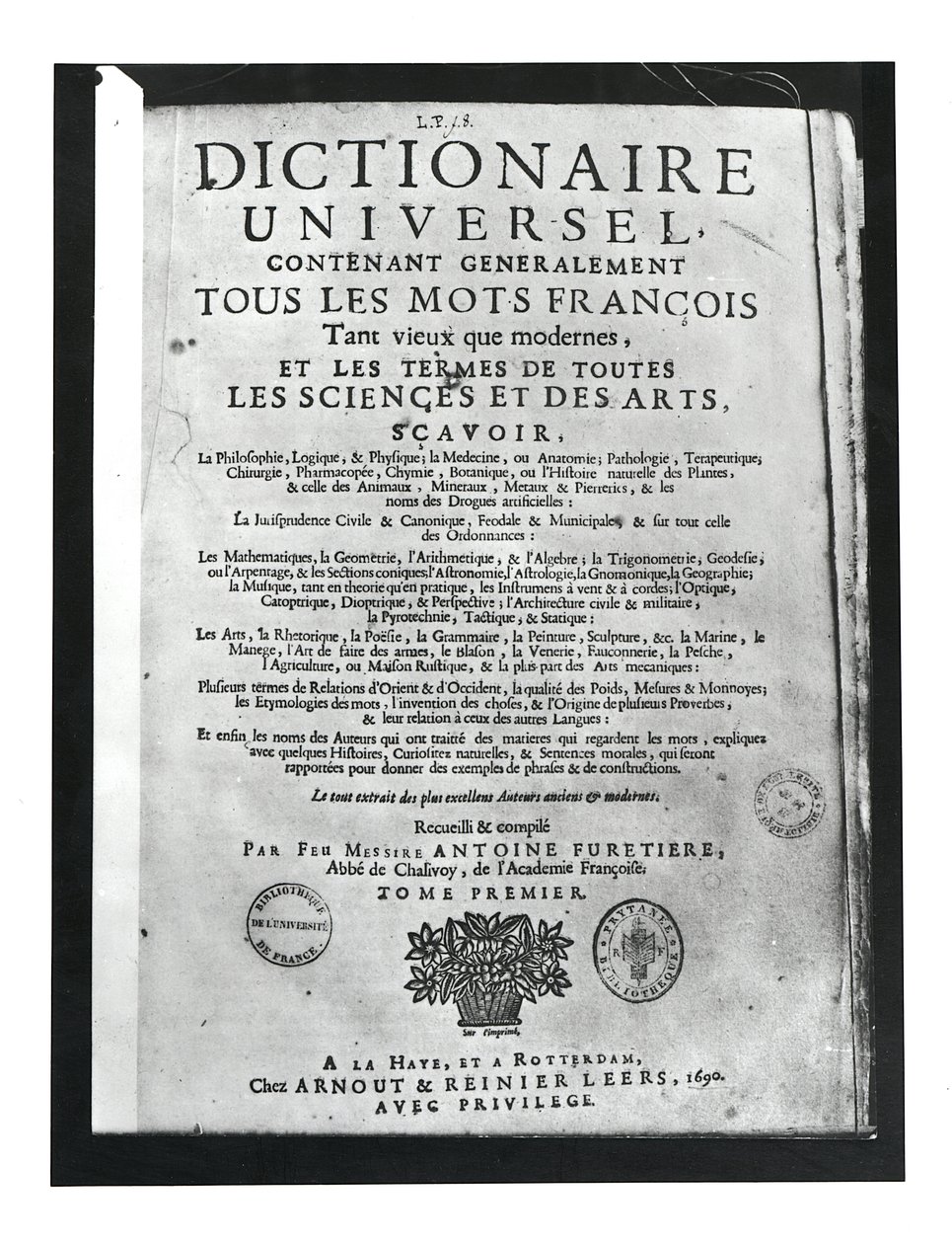 Antoine Furetieren (1619-88) Sanakirjauniversumin nimisivu 1690 (painettu) tekijältä French School