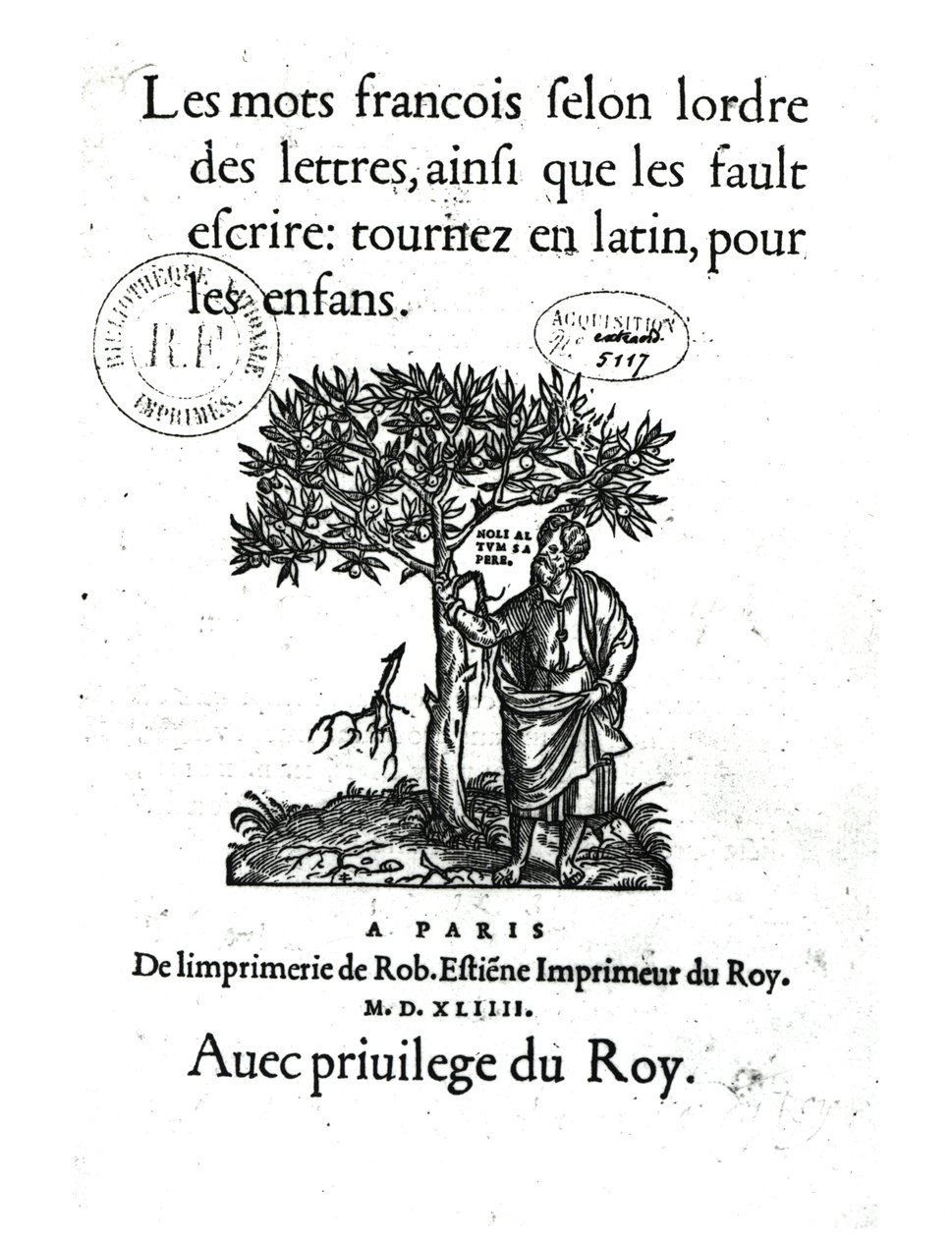 Ensimmäisen ranskalais-latinalaisen sanakirjan otsikkosivu 1544 tekijältä French School