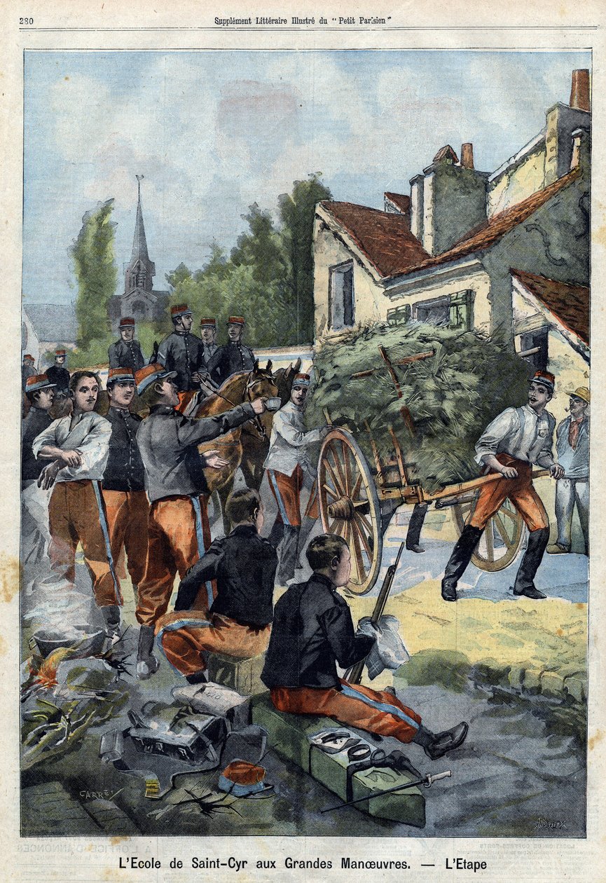 Antaakseen käsityksen sotilaan elämästä kentällä Saint Cyrin koulun oppilaat lähetetään liikkeelle suorittamaan omia huoltotöitään. Kaiverrus kirjassa "Le Petit Parisien" 1.9.1901 (kaiverrus) tekijältä French School