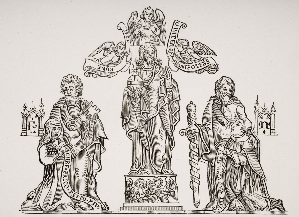 Hautakoristelu, joka kuvaa Nicholas Flamelia (n. 1330-n. 1418) ja hänen vaimoaan Pernelleä Pariisin viattomien hautausmaalla tehtyjen koristeiden jälkeen Paul Lacroixin (1806-84) Le Moyen Age et La Renaissance -julkaisusta tekijältä French School