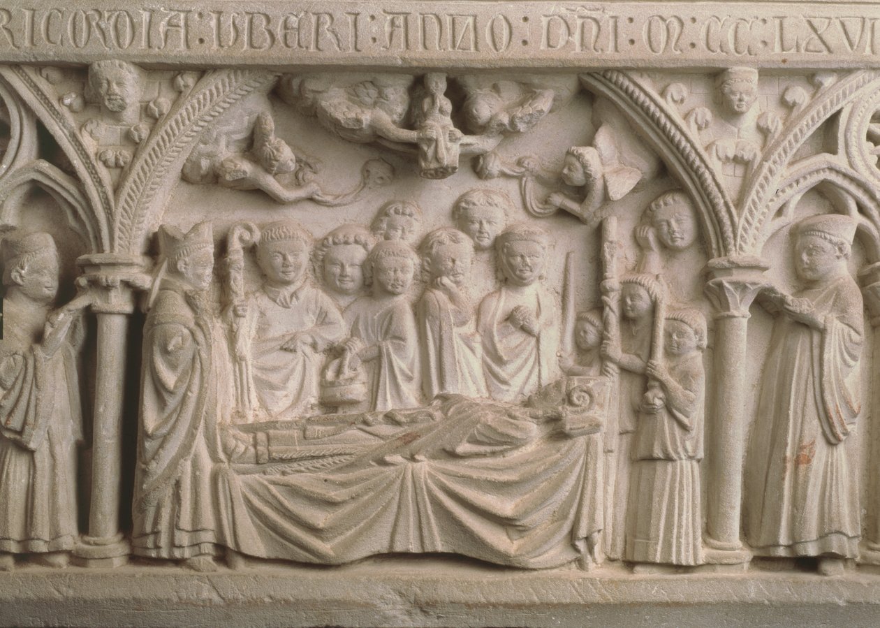 Piispa Radulphen hauta (k. 1266), yksityiskohta sarkofagista, joka kuvaa kulkuetta ja Radulphen sielun viemistä taivaaseen (katso myös 171276) tekijältä French School