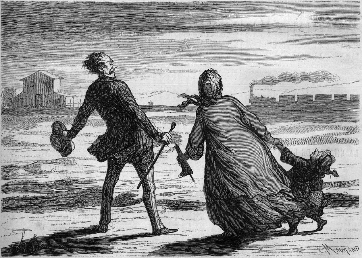 Liian myöhään! : perhe jäi juuri junasta. Sarjakuva Honore Daumier (1808-1879). Kaiverrus "" Le Monde Illustré" -julkaisussa nro 286, 4. lokakuuta tekijältä French School