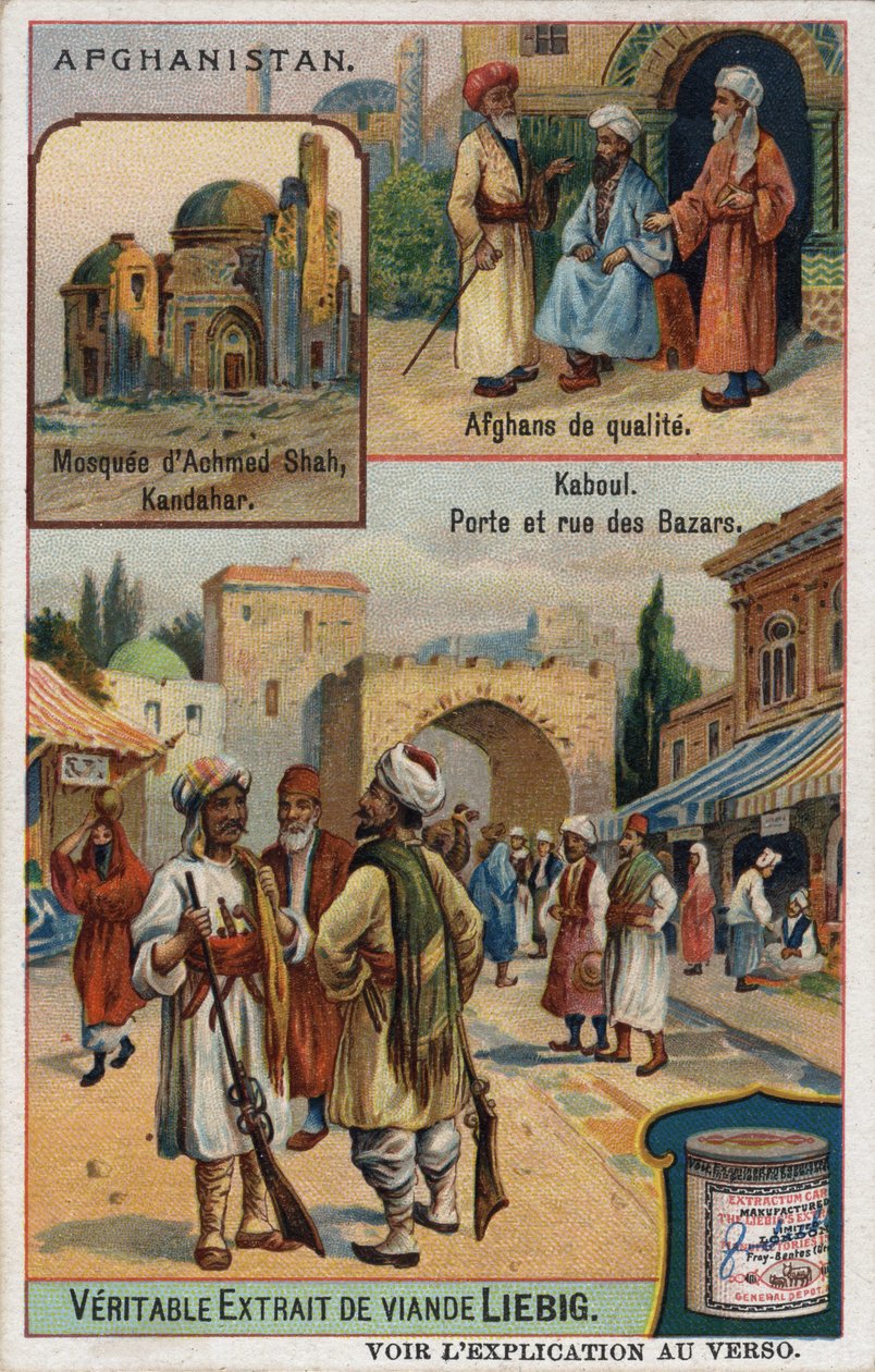 Yläosassa: Achmed Shahin moskeija Kandaharissa ja muotokuvia rikkaista afgaaneista. Alhaalla: Kabulin basaari Afganistanissa. Mainoskromolitografia 1800-luvulta. tekijältä French School