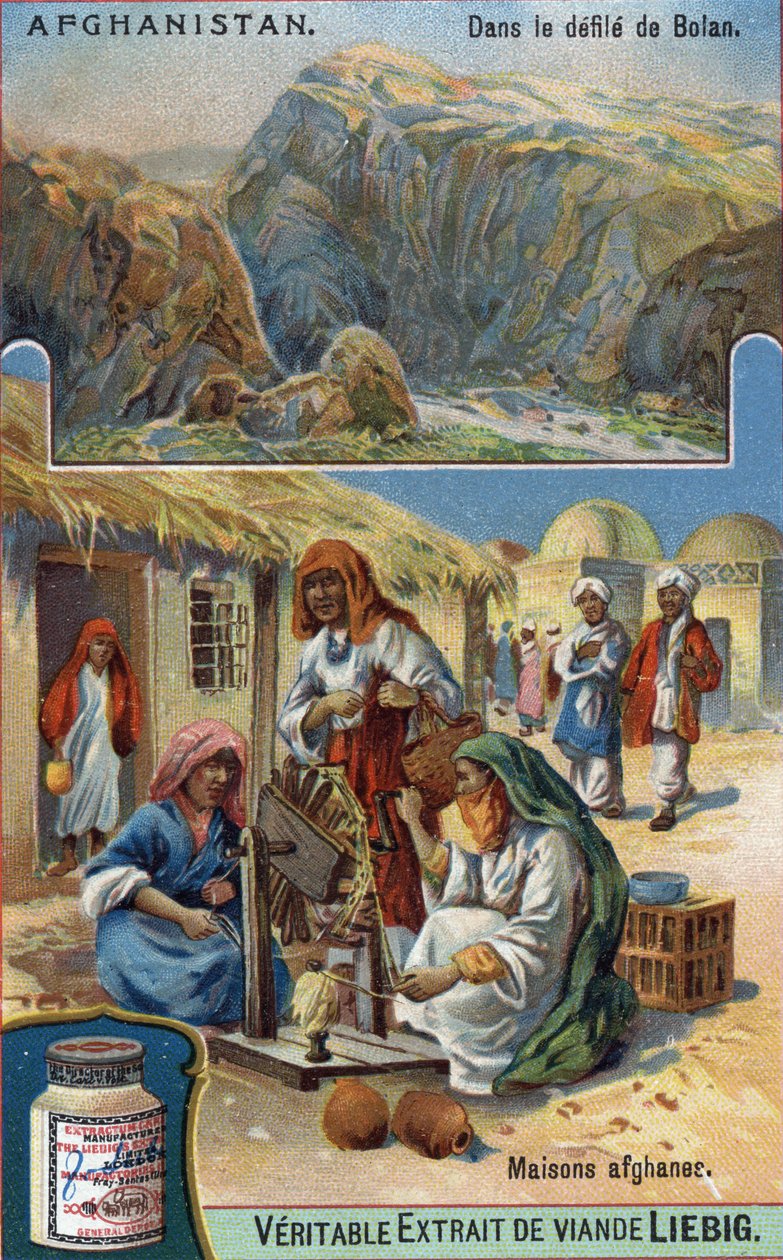 Top: Bolan-paraati Afganistanissa. Pohja: afgaaninaiset kutomassa villaa kotinsa edessä. 1800-luvun kromolitografia. tekijältä French School