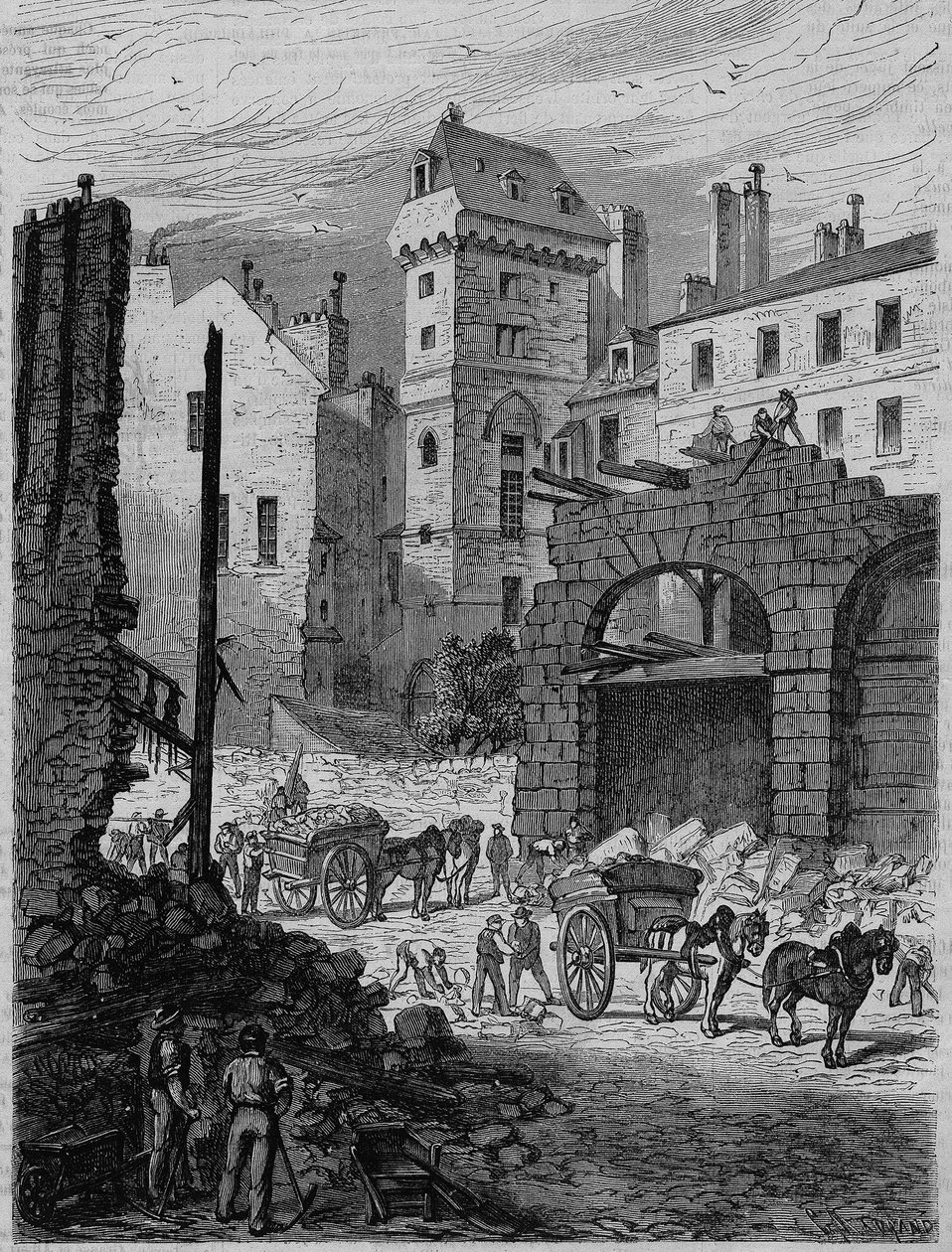Tour Jean Sans Peur, viimeinen jäännös Hôtel de Bourgognesta, Pariisin rue Etienne Marcelin lävistyksen aikana. Kaiverrus tekijältä French School