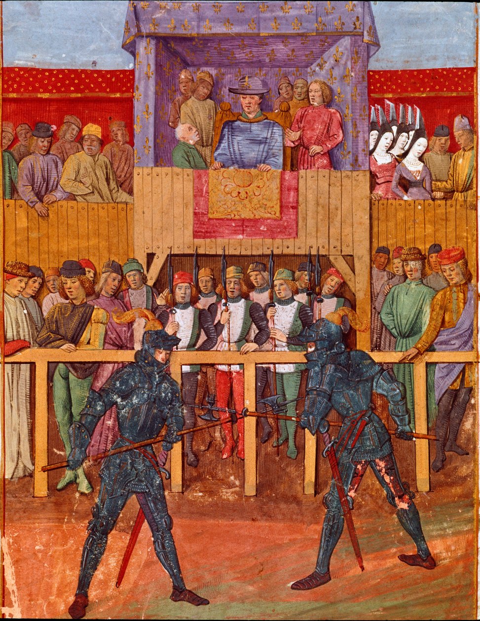 Turnauskohtaus vastustaa kahta ritaria pienoishaarniskassa Jean V de Bueilin (1406-1477) "Le Jouvencelista" tekijältä French School