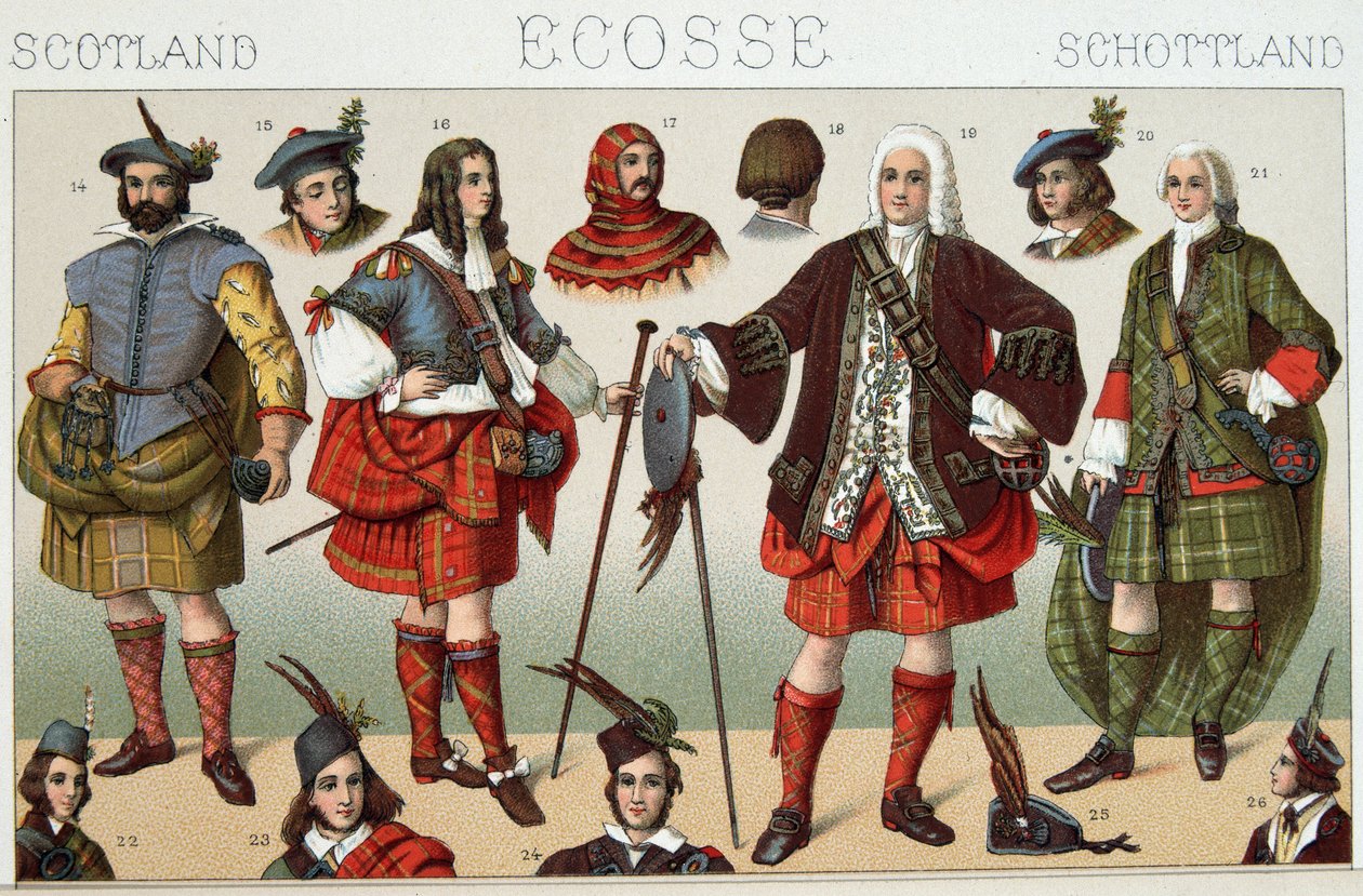 Perinteiset skotlantilaiset puvut - Racinetin teoksessa "Le costume historique". tekijältä French School
