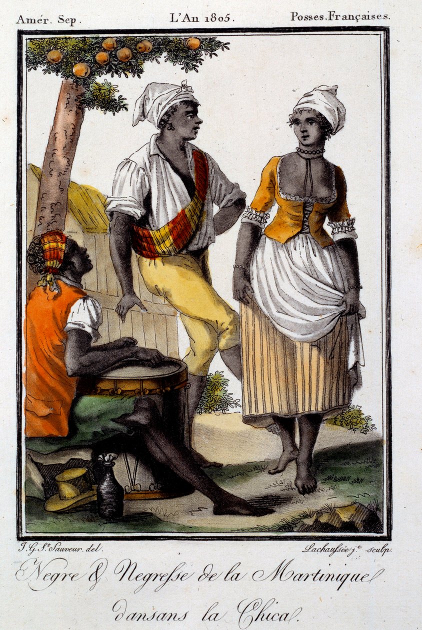 Perinteinen tanssi: Martiniquen asukkaat tanssivat chicaa. Kaiverrus vuodelta 1805. Chartres, Museum of Fine Arts tekijältä French School