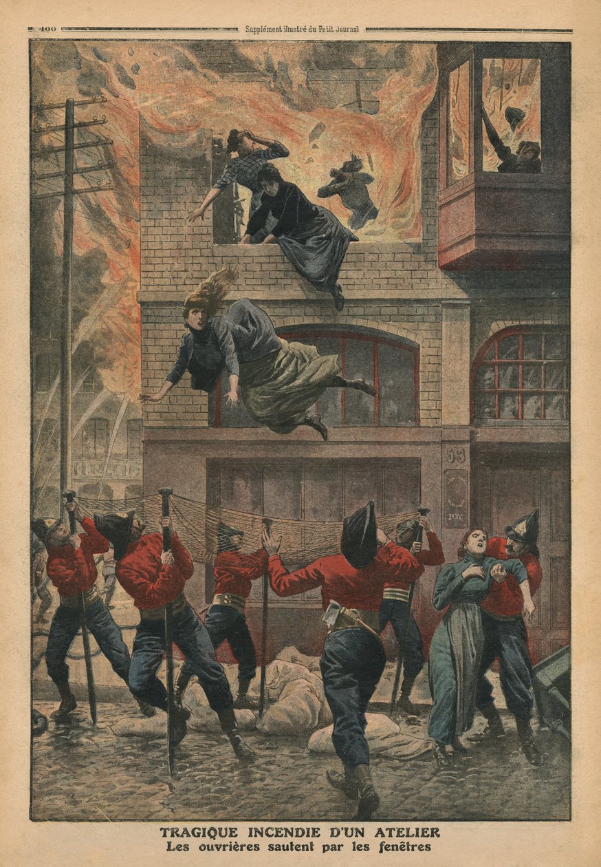 Traaginen tulipalo Newarkissa, New Jerseyssä sijaitsevassa korjaamossa, kuvitus Le Petit Journalin kuvitusliitteestä, 11. joulukuuta 1910 (värilitrokuvaus) tekijältä French School