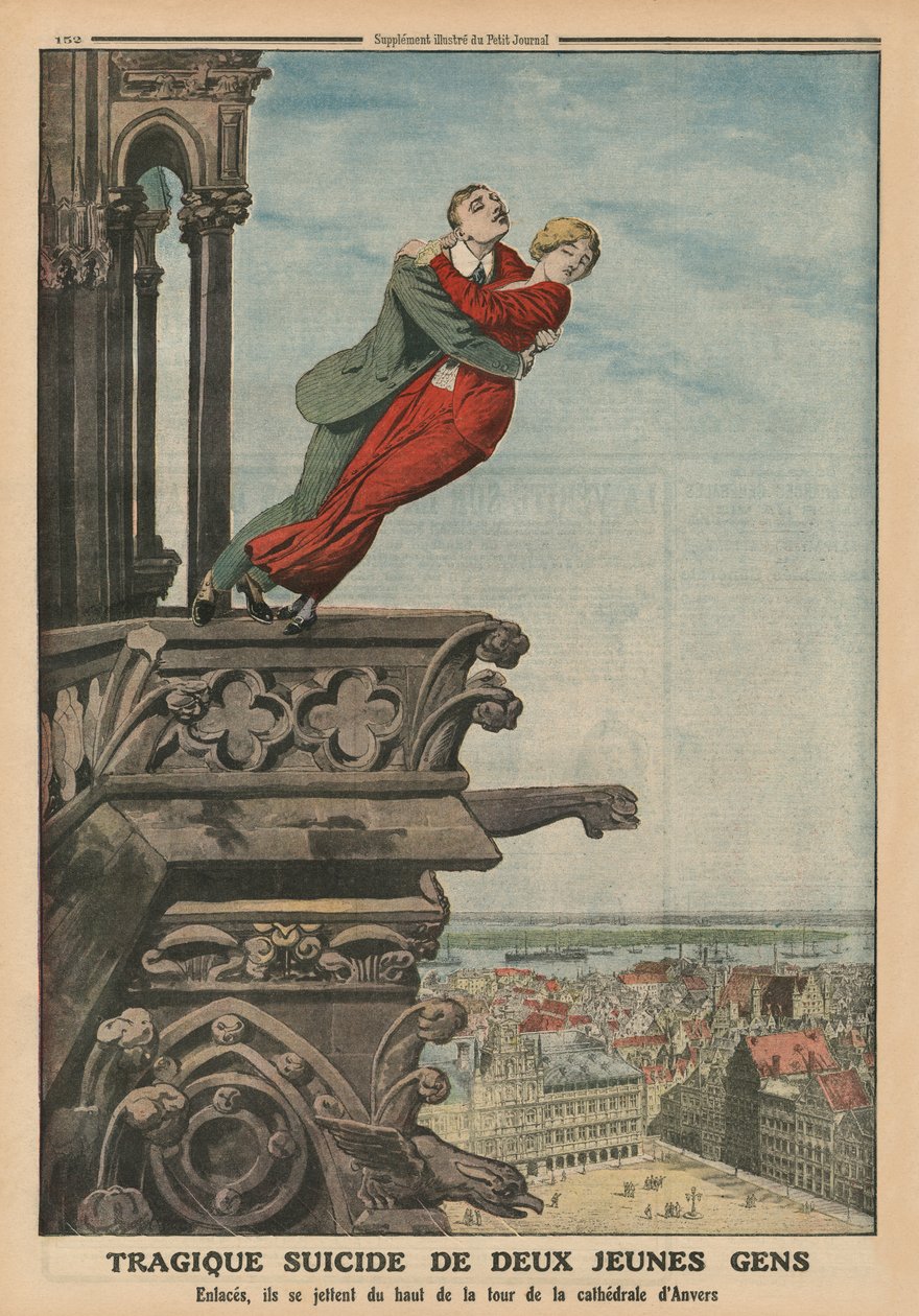 Kahden nuoren traaginen itsemurha Antwerpenin katedraalin tornista, takakannen kuva Le Petit Journalista, liitekuva, 11. toukokuuta 1913 tekijältä French School