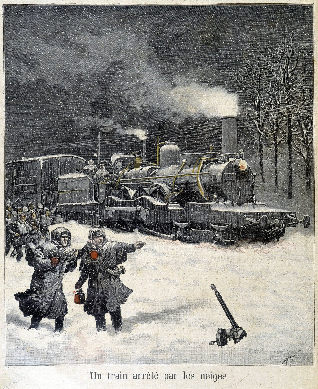Juna joutui pysähtymään lumen takia. Kuva sanomalehdestä "" Le Petit Parisien"" maaliskuussa 1892. tekijältä French School