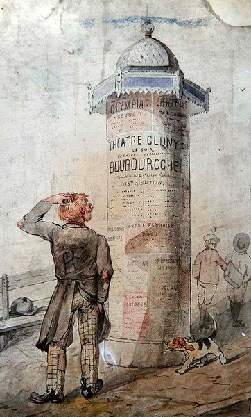 Kulkuri katselee julistetta, joka mainostaa Courtelinen näytelmää "Boubouroche" (akvarelli paperille) tekijältä French School