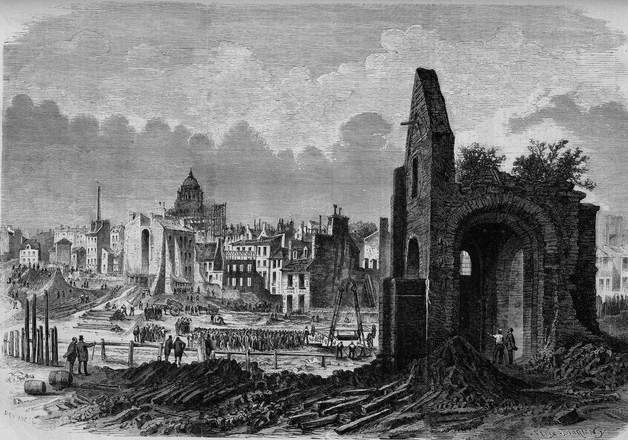 Pariisin muunnokset toisen imperiumin aikana, Haussmann-Pariisi: Saint Marcelin kirkon rauniot Place de la Collegiale -kadulla, päivitetty Arago-bulevardin porauksella tekijältä French School