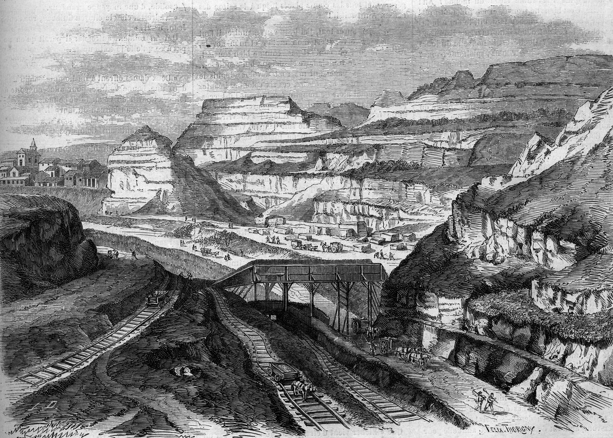 Pariisin muodonmuutos toisen imperiumin alaisuudessa, Haussmann-Pariisi: muutos Buttes-Chaumontin kipsilouhosten puistoksi (Buttes Chaumont). Kaiverrus ""Le Monde Illustre" -julkaisussa nro 306, 21. helmikuuta 1863. tekijältä French School