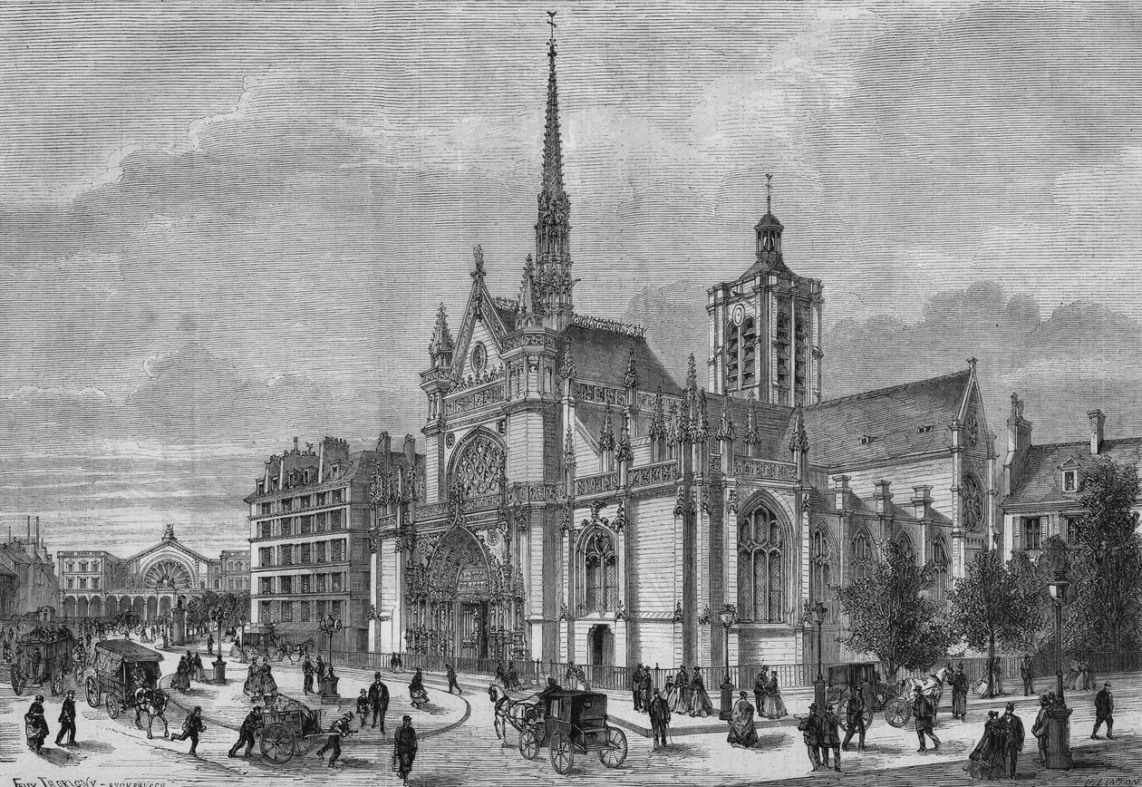 Pariisin muunnokset toisen imperiumin alaisina, Haussmann-Pariisi: näkymä Saint Laurentin kirkon uudelle uusgoottiselle julkisivulle, boulevard de Strasbourg, kunnosti arkkitehti Simon Claude Constant Dufeux (Constant-Dufeux) (1801-1870) tekijältä French School