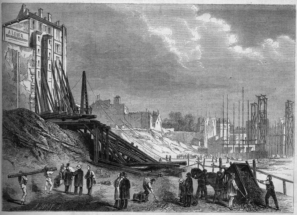 Pariisin muunnokset toisen imperiumin alaisina, Haussmannian Paris: näkymä Montholonin aukion, rue Lafayette, purkutöistä. Kaiverrus ""Le Monde Illustre" -julkaisussa nro 335, 12. syyskuuta 1863. tekijältä French School