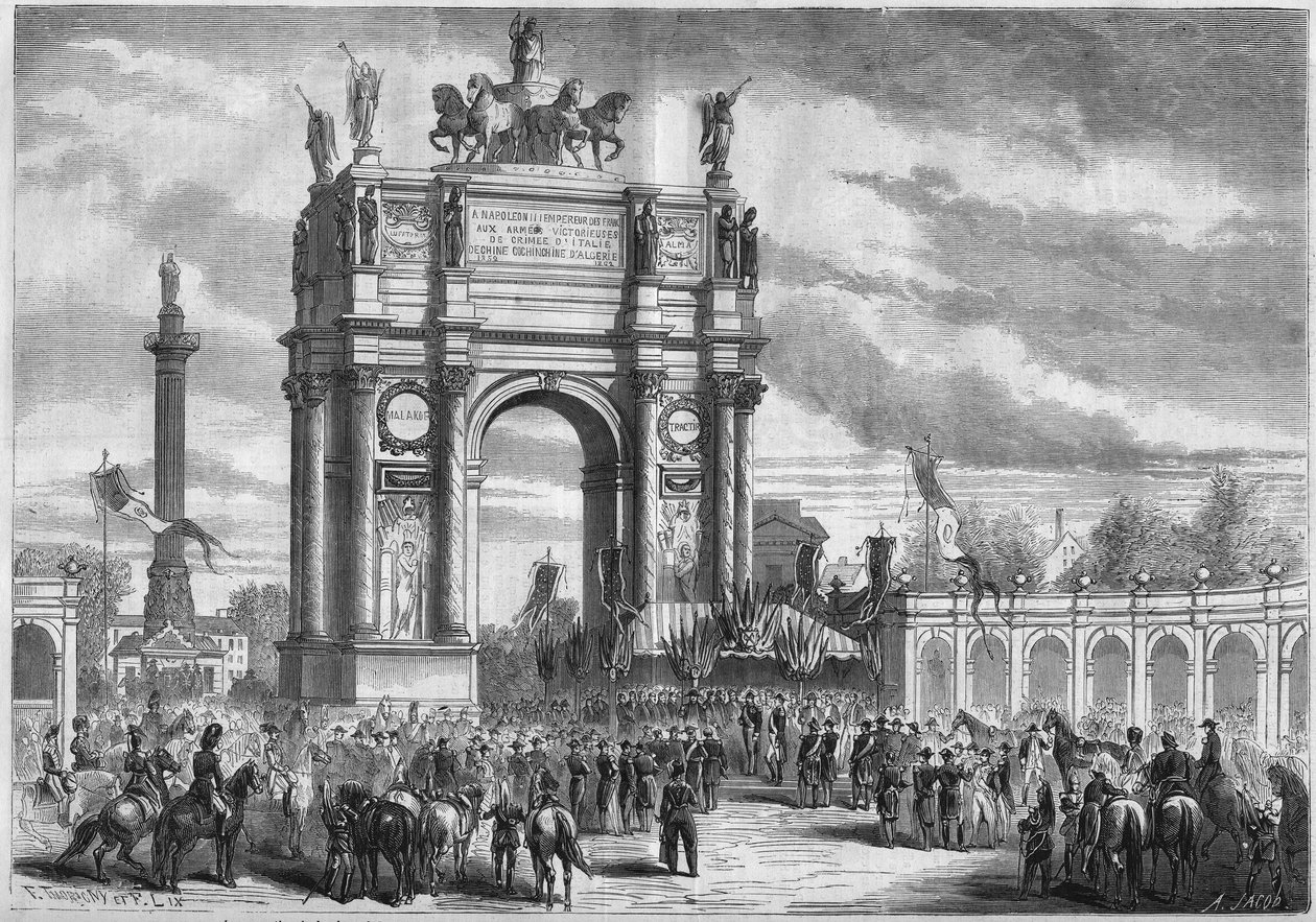 Pariisin muunnokset toisen imperiumin alaisuudessa, Haussmann Paris: voittokaari Napoleon III:n Boulevard du Prince Eugenen (nykyään Boulevard Voltaire) avajaisissa. Kaiverrus "" Le Monde Illustré" -julkaisussa nro 296, 13. joulukuuta 1862. tekijältä French School