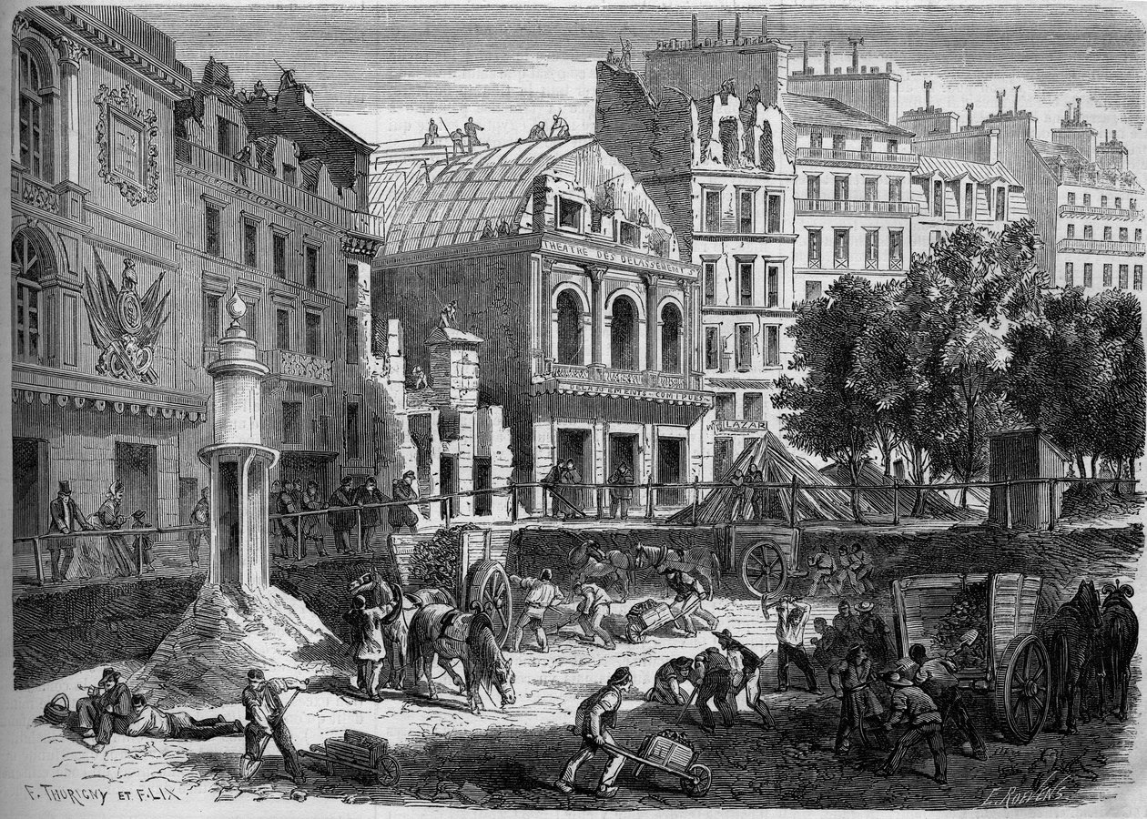 Pariisin transformaatiot toisen imperiumin alaisina, Haussmann Paris: temppelin teattereiden purkaminen Boulevard du Prince Eugenen (nykyään Boulevard Voltaire) lävistyksiä varten. Kaiverrus "" Le Monde Illustré" -julkaisussa nro 278, 9. elokuuta tekijältä French School