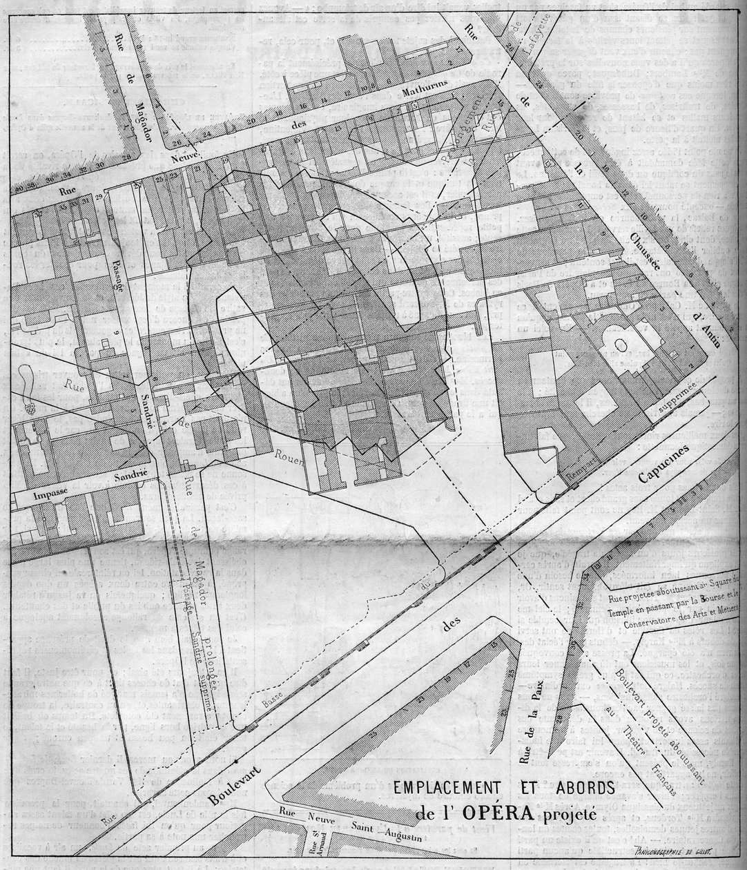Pariisin muunnokset toisen imperiumin aikana, Haussmann Paris: Pariisin Opera Garnierin suunnitelma vuonna 1860. Kaiverrus "" Le Monde Illustré" -julkaisussa nro 183, 13. lokakuuta 1860. tekijältä French School