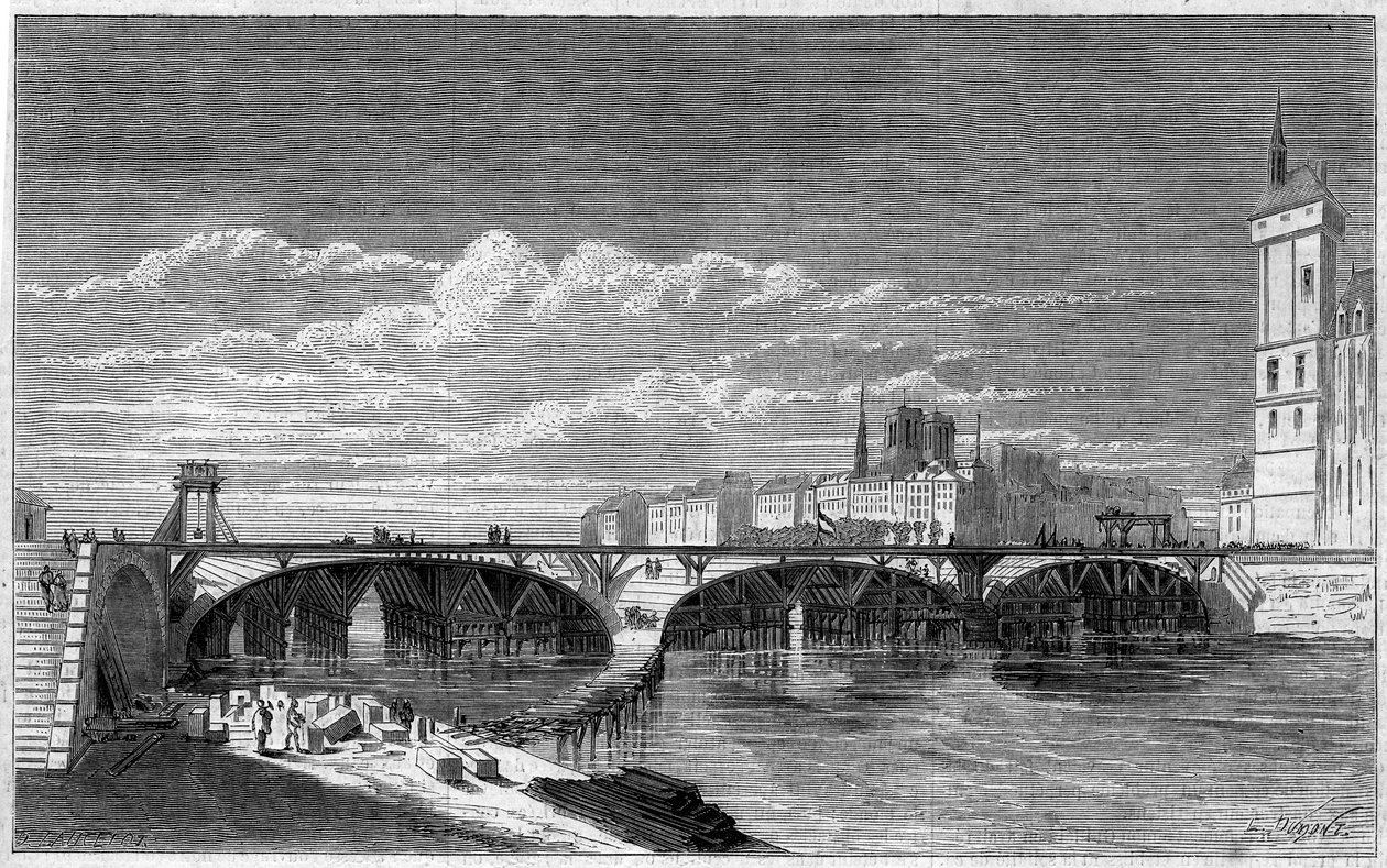 Pariisin transformaatiot toisen imperiumin alaisina, Haussmann Paris: näkymä Pont au Change -kadulle sen jälleenrakennuksen aikana. Kaiverrus "" Le Monde Illustré" -julkaisussa nro 169, 7. heinäkuuta 1860. tekijältä French School