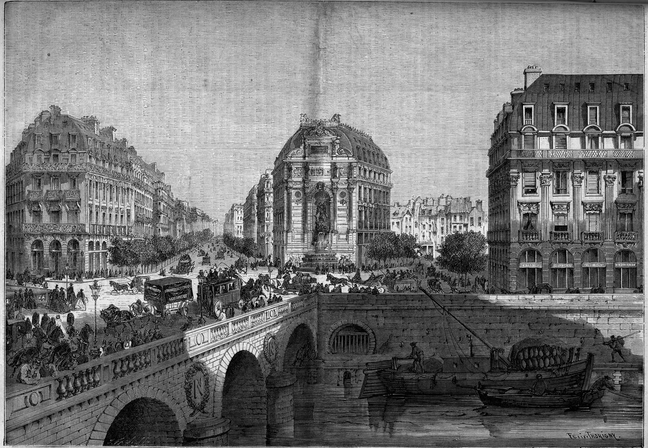 Pariisin muunnokset toisen imperiumin aikana, Haussmann Paris: näkymä Saint Michelin suihkulähteelle (1860) Boulevard de Sebastopol -kadulla. Kaiverrus "" Le Monde Illustré" -julkaisussa nro 175, 18. elokuuta 1860. tekijältä French School