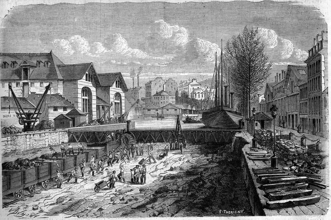 Pariisin muunnokset toisen imperiumin alaisina, Haussmann Paris: Saint Martinin kanavan vesistön laskemiseen tehdyt työt. Kaiverrus "" Le Monde Illustré" -julkaisussa nro 143, 7. tammikuuta 1860. tekijältä French School
